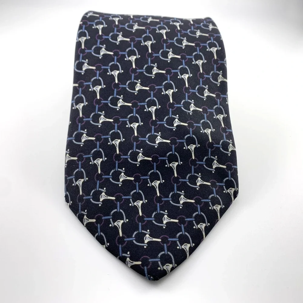 Bert Pulitzer Mens Tie Black w Blue Equestrian Pattern‎ Necktie 100% Silk USA